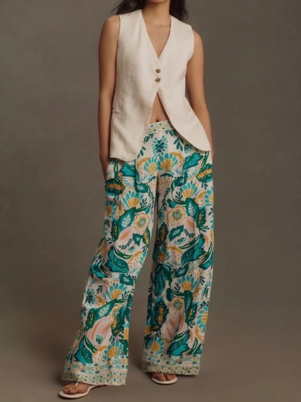 NWT Anthropologie Ranna Gill Floral Wide Leg Linen Blend Pants Medium